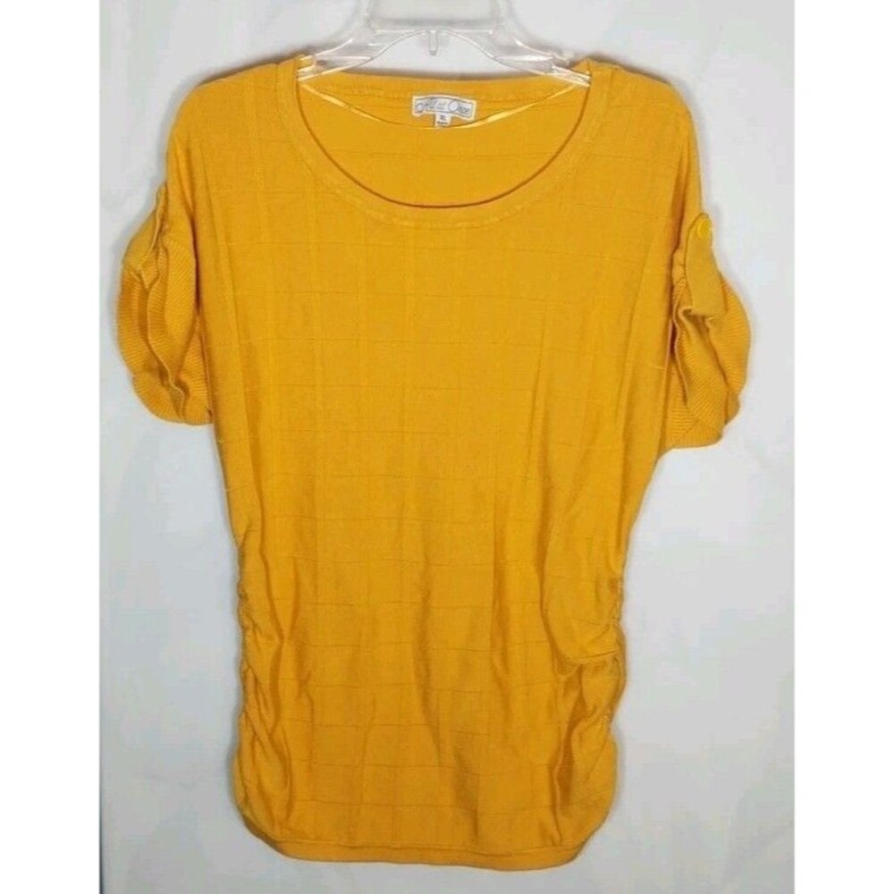 Mustard Yellow Textured Knit Top Women's XL Ruched Sides Button Sleeve Stretch